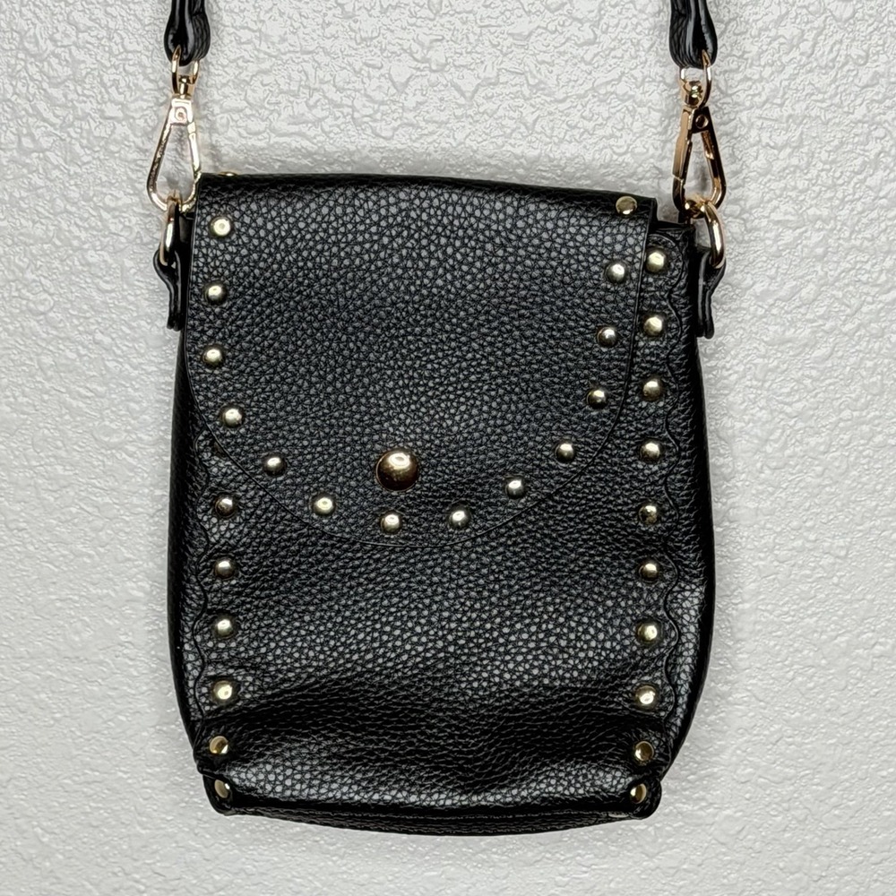 Black‎ Studded Mini Crossbody Bag Faux Leather Gold Hardware Y2K Festival Biker